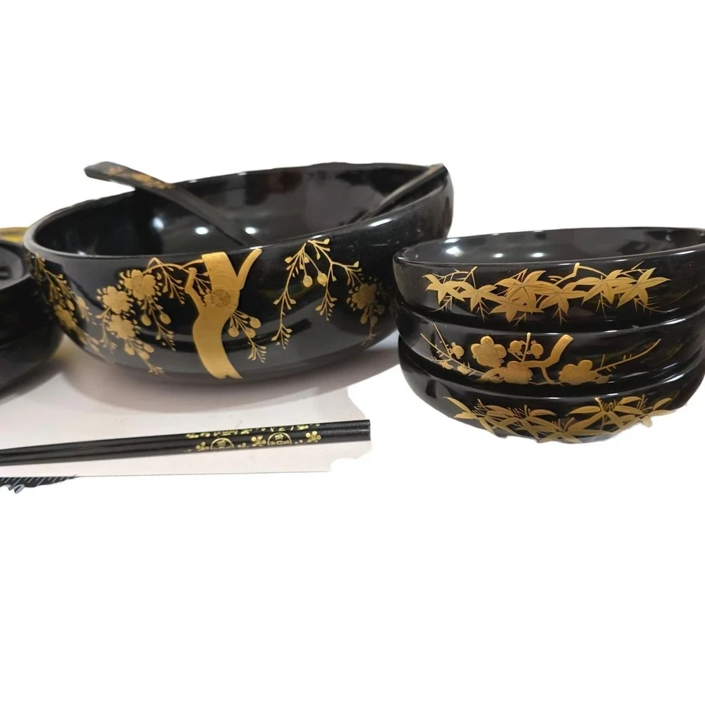 Vintage Japanese Black Gold Lacquer Salad Bowl Set 9 Pc Cherry Blossom Serving